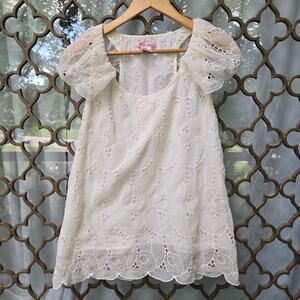 La La Lane Womens Vtg Y2K Fairy Cottage Puff Sleeve Semi-sheer Embroidered Top M